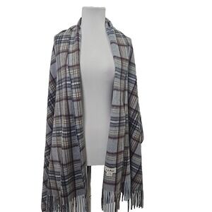 L.L. Bean 100% Cashmere Scarf Blue Plaid Pashima Wap Shawl Fringe EUC